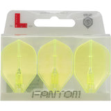 Three translucent yellow L1 Fantom dart flights in retail packaging, full front view, highlighting crystal clear design and durability