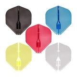 Transparent dart flights in black, blue, red, yellow, and clear arranged top-down with reinforced stems on white background