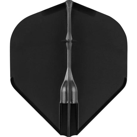 Close-up top-down view of black standard dart flight with reinforced center spine, one-piece molded design, isolated on white background