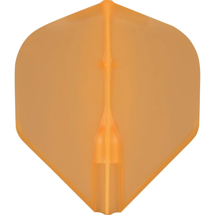 Standard orange dart flight top-down view isolated on white, highlighting the molded one-piece structure for dart players