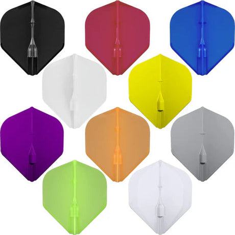 Assorted L1 standard dart flights in ten colors, flat lay, grid arrangement, isolated on white background for darts setup