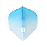 Top-down view of single two-tone blue dart flight, EZ material, isolated on white background, showing full shape and mounting slot