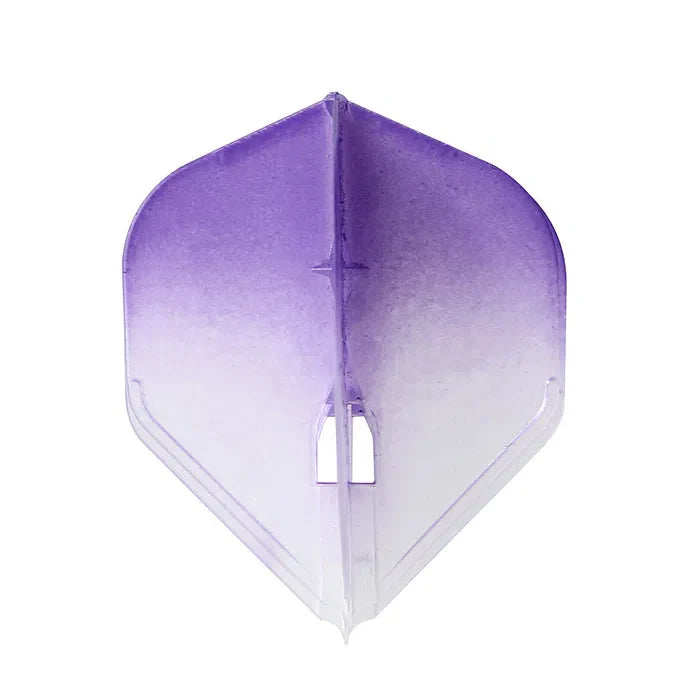 Single two-tone purple dart flight L1 shape shown front view on white background, highlighting design and flight construction for darts