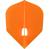 Top view of orange L3 shape dart flight isolated on white, highlighting thickness, molded design and central fitting slot.