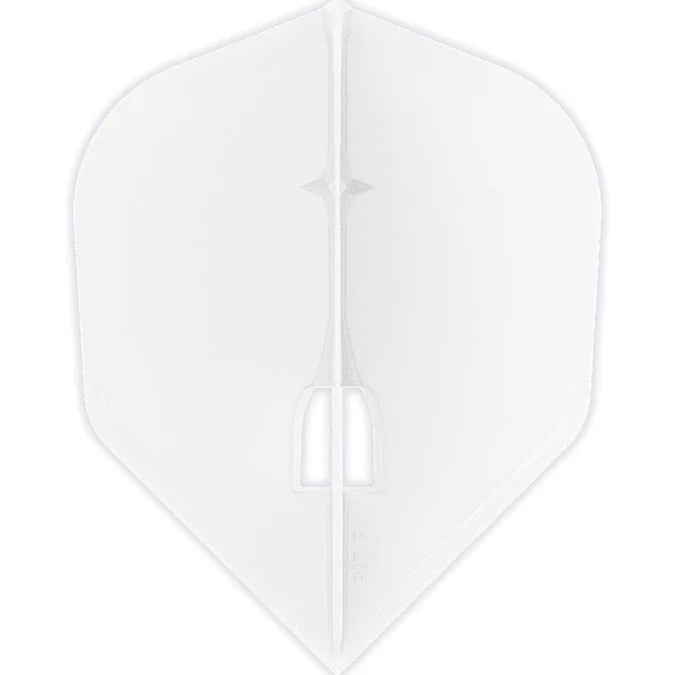 Single L3 shape dart flight top-down view, crystal clear white, durable EZ thickness, isolated on white background