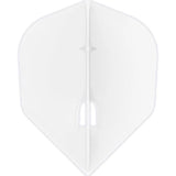 Single L3 shape dart flight top-down view, crystal clear white, durable EZ thickness, isolated on white background