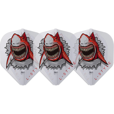Three clear white standard dart flights with bold red shark design, displayed side by side on white background for dart accessories