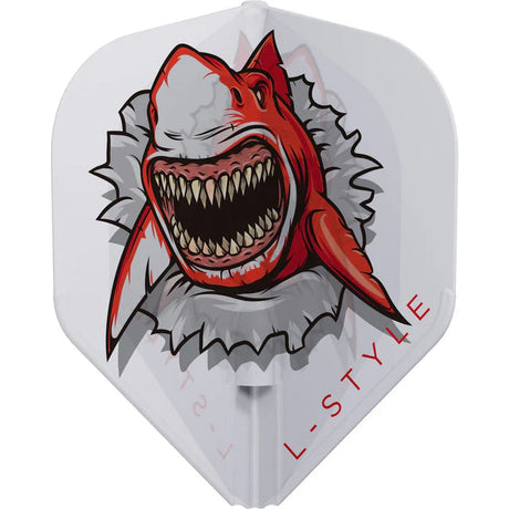Close-up of clear white standard dart flight with fierce shark graphic, EZ L1 shape, isolated on white background