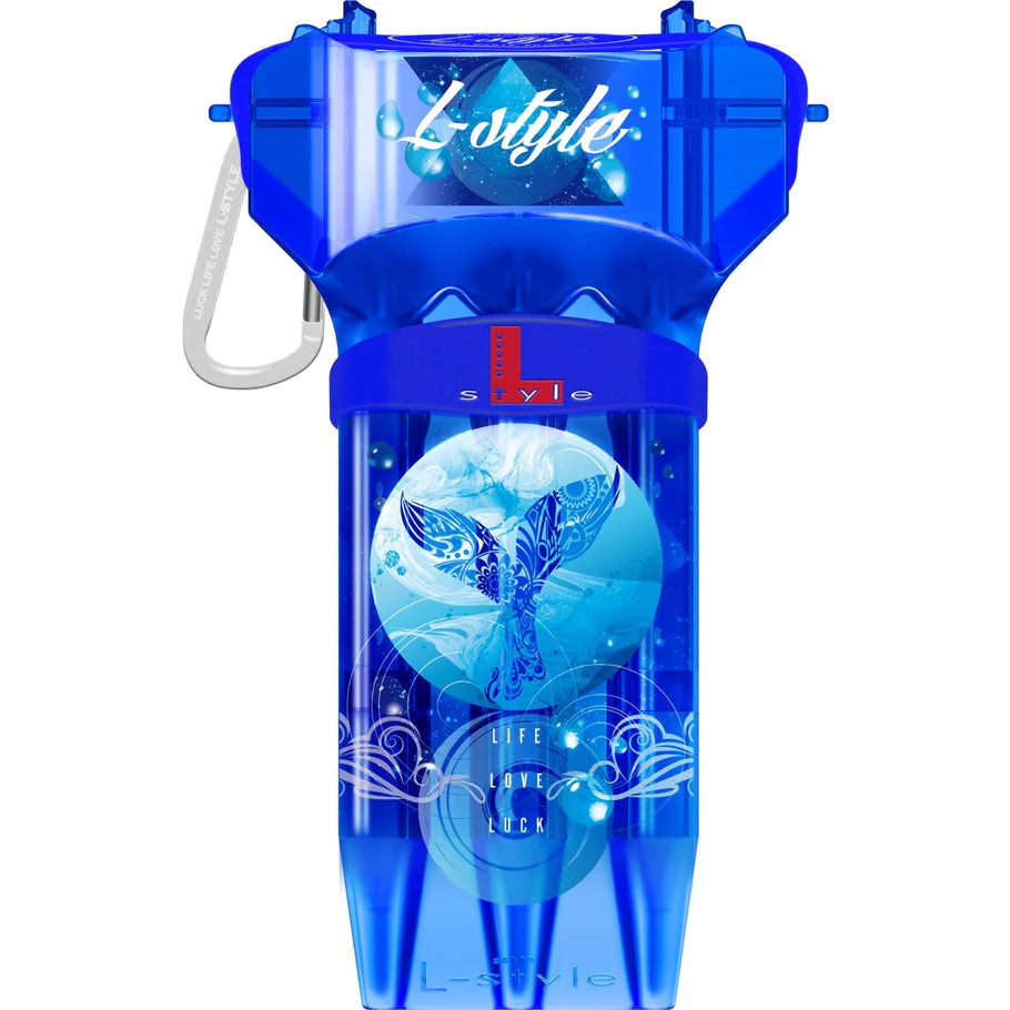 Blue moulded dart case with clear front, butterfly design, isolated on white, full view for dart equipment storage