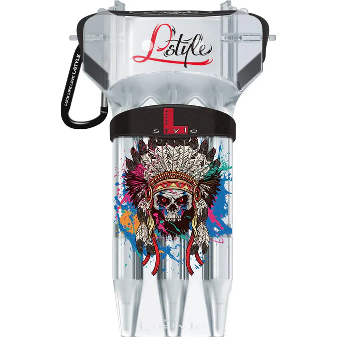 Clear plastic darts case with colorful Chief Skull design, black strap, and top clip, full product view on white background