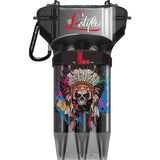 Full view of Krystal One SD darts case with Chief Skull V1 graphic, transparent body, and attached clip, isolated on white background