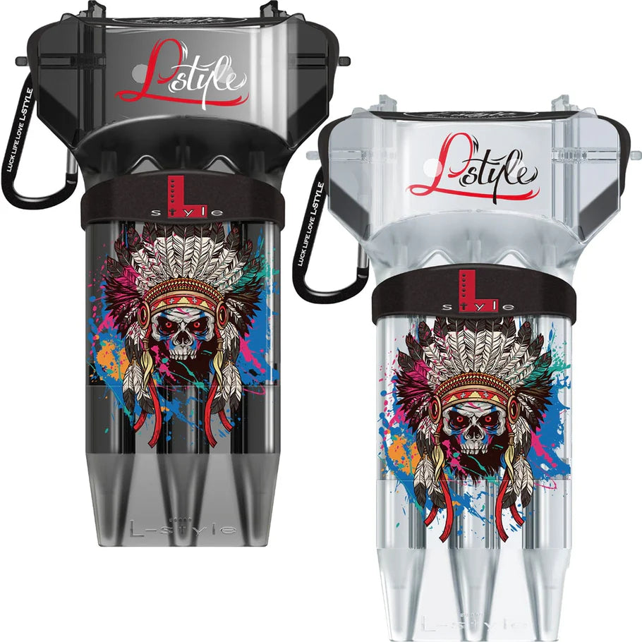 Two Krystal One SD Chief Skull dart cases with feathered skull graphic, clear front view, isolated on white, showing dart holder compartments