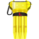 Full front view of yellow dart case with carabiner, three dart compartments, and transparent design for dart storage