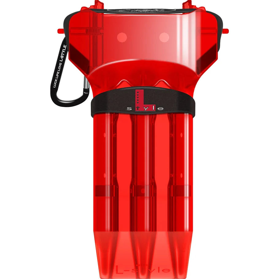 Red Krystal One V2 dart case full view with carabiner, clear compartments for three assembled darts, isolated on white background