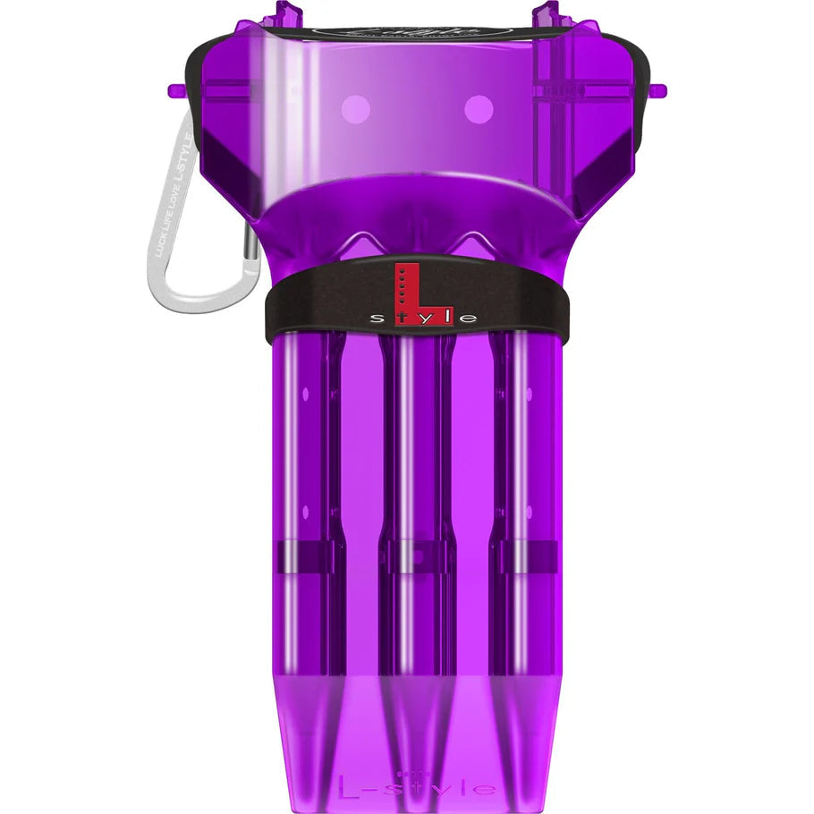 Purple dart case full view with carabiner, three compartments for darts, isolated on white background