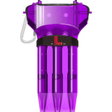 Purple dart case full view with carabiner, three compartments for darts, isolated on white background