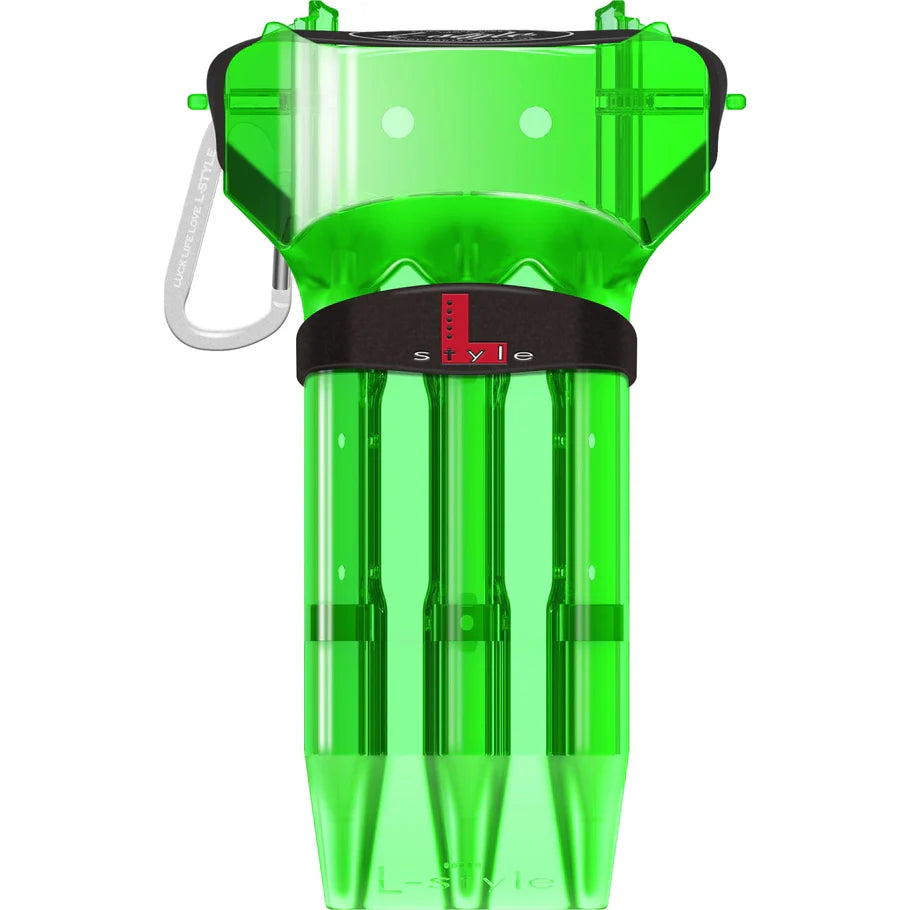 Green translucent dart case with carabiner, three assembled dart slots, full product view against white background