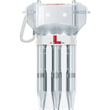 Clear plastic dart case with three fully assembled darts inside, upright, on white background, highlighting storage and carabiner clip