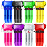 Eight transparent Krystal One V2 dart cases in assorted colors, full front view, upright on white background, ideal for storing assembled darts