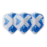 Three L1 standard dart flights with clear white and blue X pattern arranged on white background for dart accessories