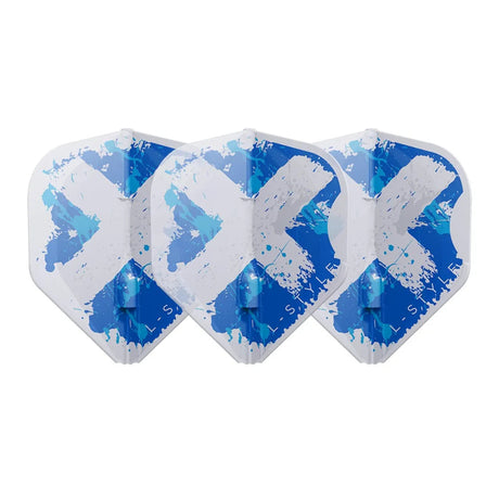 Three L1 standard dart flights with clear white and blue X pattern arranged on white background for dart accessories