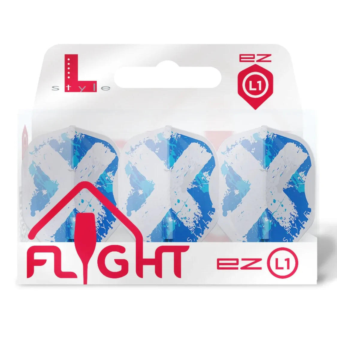 Three clear white L1 standard dart flights with blue X design in retail packaging, full product view, isolated on white background