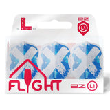 Three clear white L1 standard dart flights with blue X design in retail packaging, full product view, isolated on white background