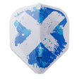 Standard dart flight with clear white base and blue paint splash cross design, full front view on white background