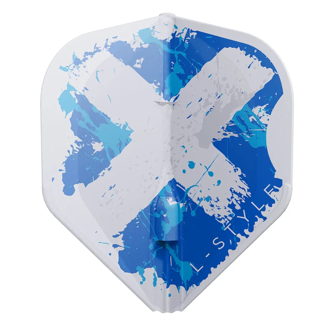 Standard dart flight with clear white base and blue paint splash cross design, full front view on white background