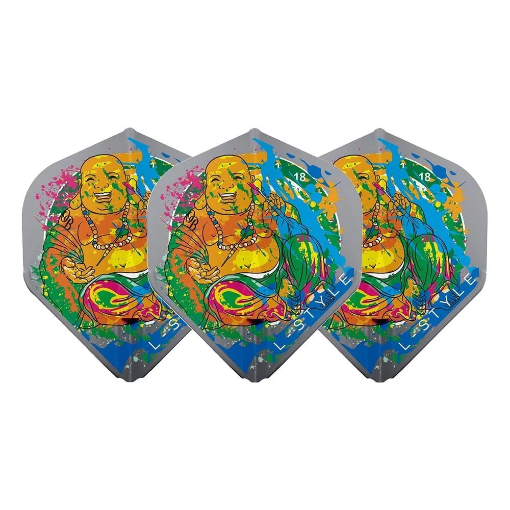 Three grey standard dart flights with vibrant Buddha design, full product view isolated on white background, ideal for dart players