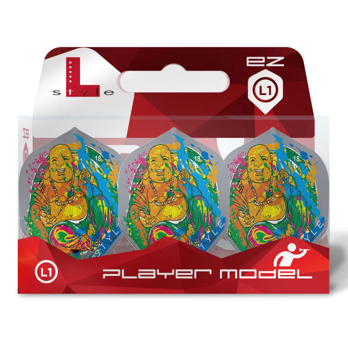 Grey standard L1 dart flights with colorful Buddha design in retail packaging, set of 3, player model for steel tip darts.