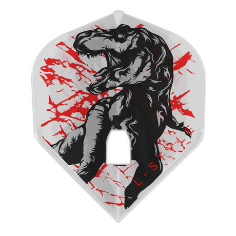 Single standard dart flight with bold T-Rex graphic and red crackle background, clear white, product isolated on white background