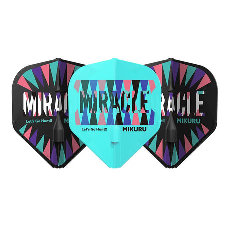 Three Mikuru Suzuki V6 Type B EZ L1 standard dart flights, black and teal, geometric pattern, bold MIRACLE lettering, isolated on white background