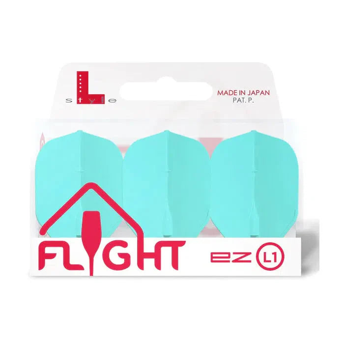 Three aqua L1 standard dart flights in retail packaging, full front view on white background