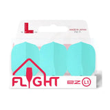 Three aqua L1 standard dart flights in retail packaging, full front view on white background