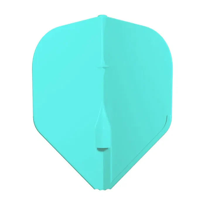 Single turquoise standard dart flight full view on white background, showcases molded design for dart setup