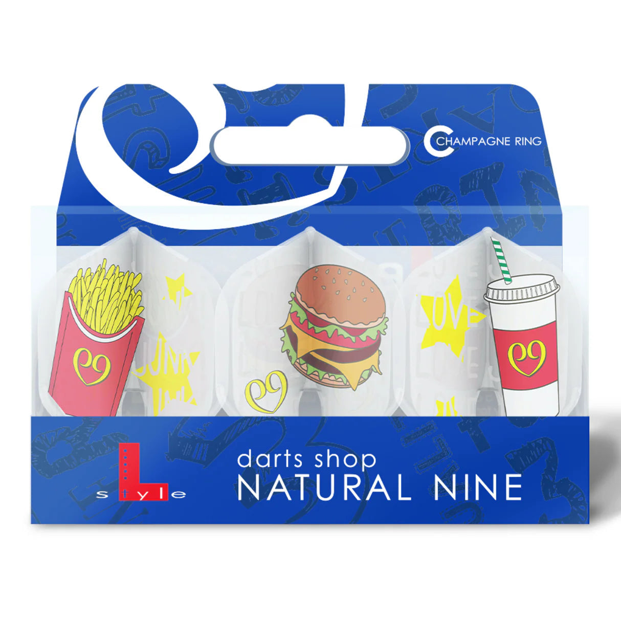 Three clear white Pro L1 dart flights in retail packaging, featuring burger, fries, and drink designs, ideal for custom darts setup.