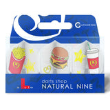 Three clear white Pro L1 dart flights in retail packaging, featuring burger, fries, and drink designs, ideal for custom darts setup.