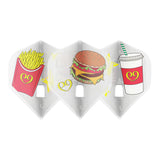 Clear white dart flights set with burger, fries, and drink illustrations, standard shape L1, isolated on white background