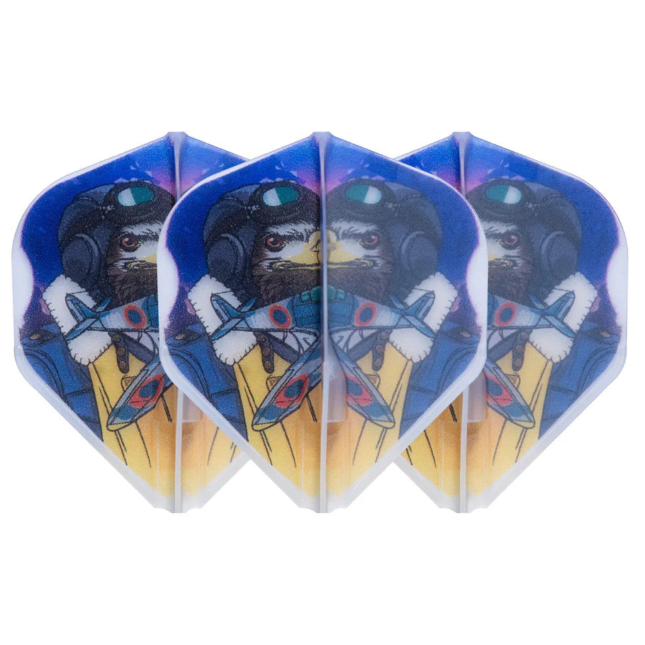 Three clear white L1 standard dart flights arranged front-facing, featuring eagle pilot and fighter jet artwork, isolated on white background