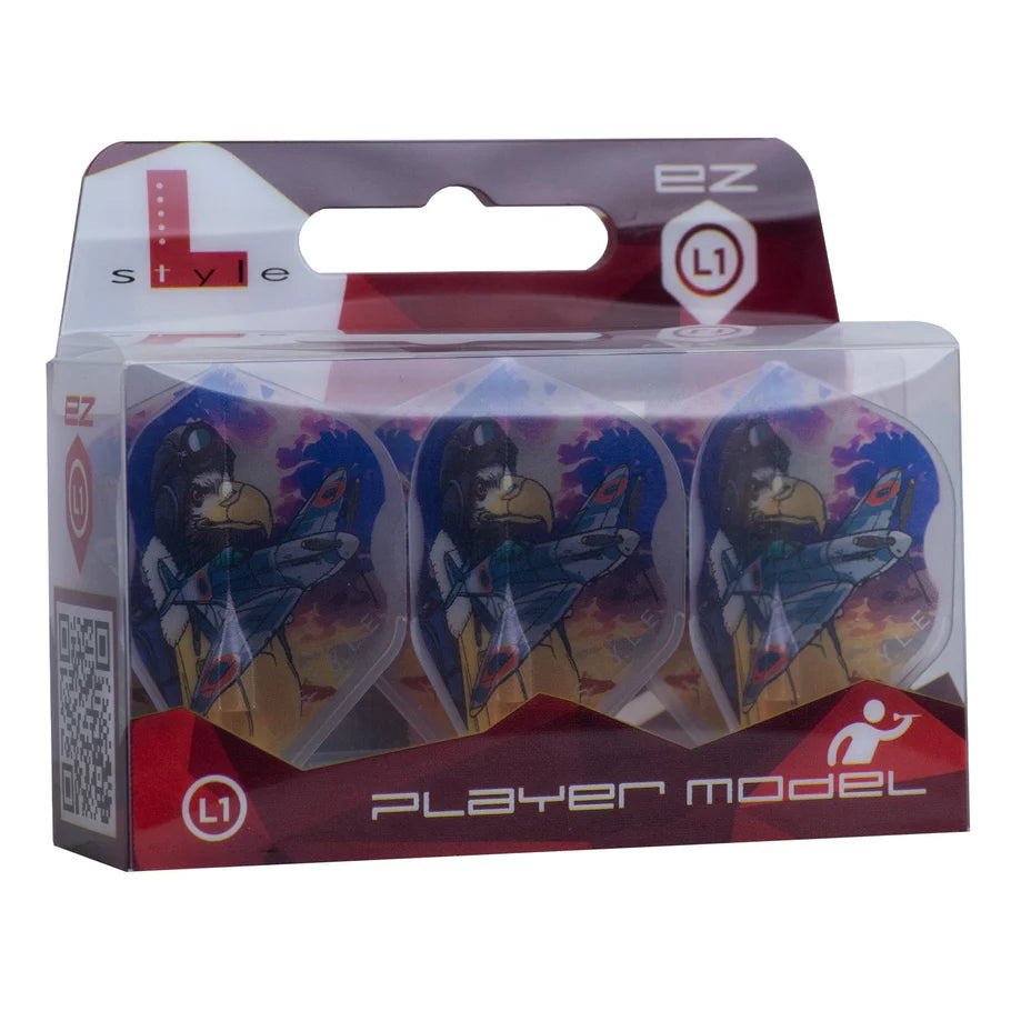 Three Ricardo Perez V1 clear white L1 standard dart flights in retail box, angled view showing colorful pilot graphic design.