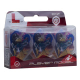 Three Ricardo Perez V1 clear white L1 standard dart flights in retail box, angled view showing colorful pilot graphic design.