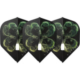 Four black molded L1 Pro dart flights with green smoke pattern, full front view, isolated on white background