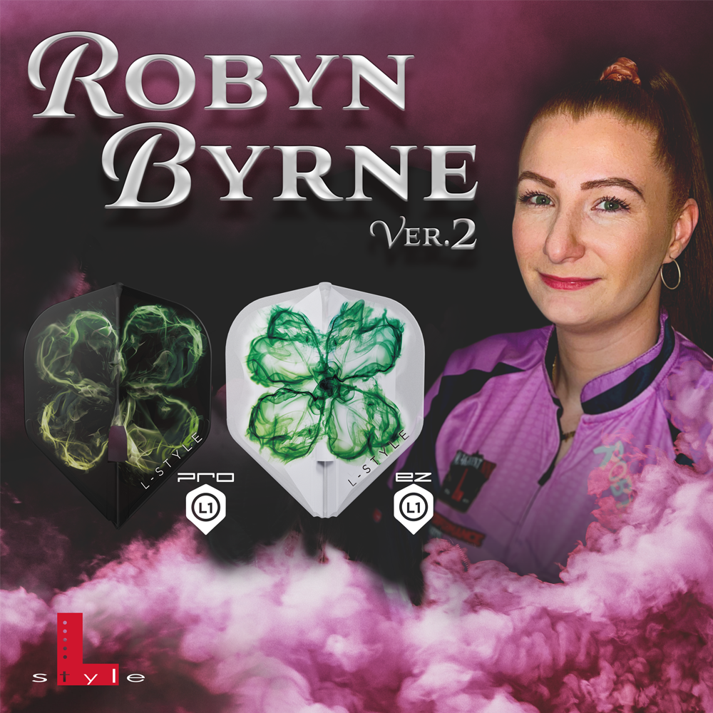 Robyn Byrne V2 dart flights shown in full product view, black and white L1 Pro and EZ designs with green smoke clover, lifestyle branding background