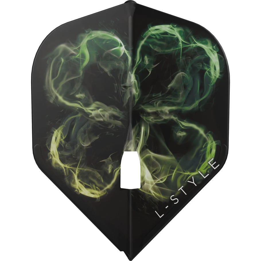 Black L1 Pro dart flight with green shamrock smoke design, single molded piece, full view on white background