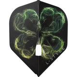 Black L1 Pro dart flight with green shamrock smoke design, single molded piece, full view on white background