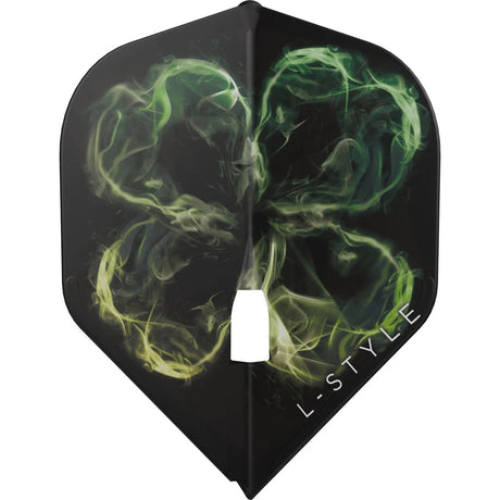 Black L1 Pro dart flight with green shamrock smoke design, single molded piece, full view on white background