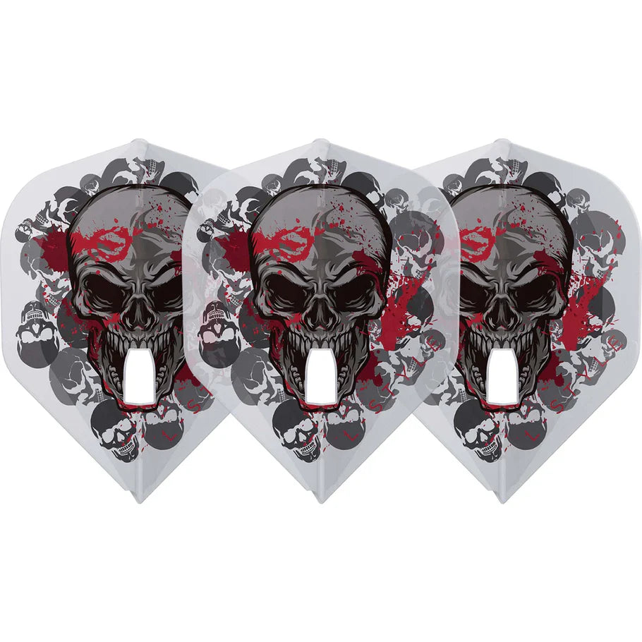 Set of three L1 Pro dart flights with clear white skull design and red accents, full product view on white background