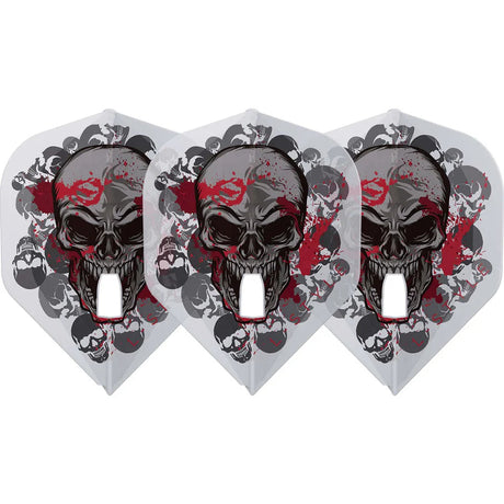 Set of three L1 Pro dart flights with clear white skull design and red accents, full product view on white background