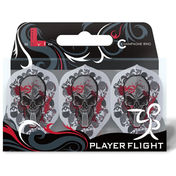 Set of three Ryan Searle V2 clear white L1 Pro dart flights in retail packaging with bold skull artwork, front view